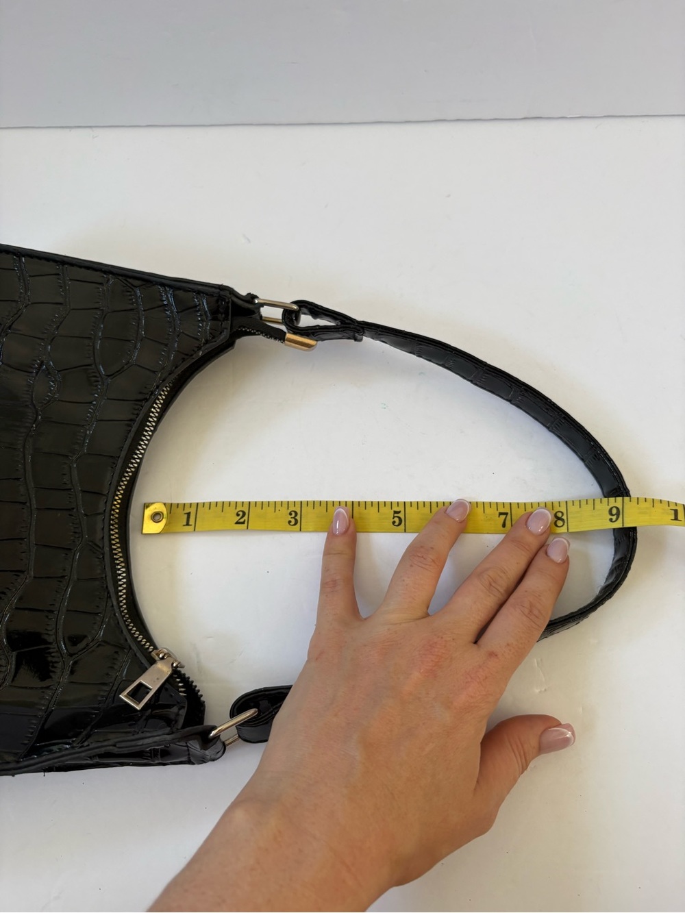 Black Faux Patent Crocodile Embossed Leather Baguette Bag Purse Baddie Party - Picture 7 of 8